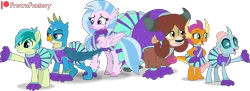 Size: 5515x2000 | Tagged: safe, artist:frownfactory, derpibooru import, gallus, ocellus, sandbar, silverstream, smolder, yona, changedling, changeling, dragon, earth pony, gryphon, hippogriff, pony, yak, cheering, cheerleader, cheerleader gallus, cheerleader ocellus, cheerleader outfit, cheerleader sandbar, cheerleader silverstream, cheerleader smolder, cheerleader yona, clothes, crossdressing, dragoness, female, image, male, png, pom pom, shirt, simple background, skirt, stallion, student six, transparent background, vector