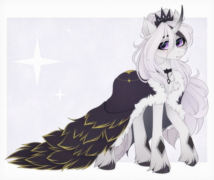 Size: 1240x1040 | Tagged: safe, artist:vird-gi, derpibooru import, oc, unofficial characters only, pony, cape, choker, clothes, curved horn, horn, image, jewelry, jpeg, looking at you, smiling, solo, tiara, unshorn fetlocks