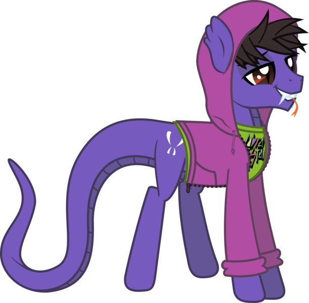 Size: 1861x1827 | Tagged: safe, artist:lightningbolt, derpibooru import, ponified, original species, pony, snake, snake pony, .svg available, clothes, cobra starship, derpibooru exclusive, fangs, forked tongue, gabe saporta, grin, hood up, hoodie, image, lidded eyes, long sleeves, male, png, scales, shirt, show accurate, simple background, slit pupils, smiling, snake tail, solo, stallion, standing, tail, transparent background, undershirt, vector