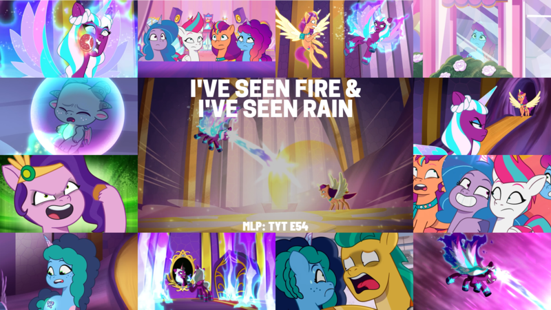 Size: 1972x1110 | Tagged: safe, derpibooru import, edit, edited screencap, editor:quoterific, screencap, hitch trailblazer, izzy moonbow, pipp petals, sparky sparkeroni, sunny starscout, zipp storm, g5, my little pony: tell your tale, i've seen fire and i've seen rain (bows), image, mane five (g5), misty brightdawn, opaline arcana, png