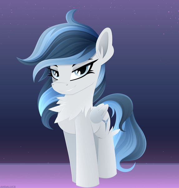 Size: 3037x3179 | Tagged: safe, artist:andaluce, derpibooru import, oc, oc:haze northfleet, pegasus, pony, abstract background, chest fluff, female, image, lineless, mare, png, smiling, smirk, solo