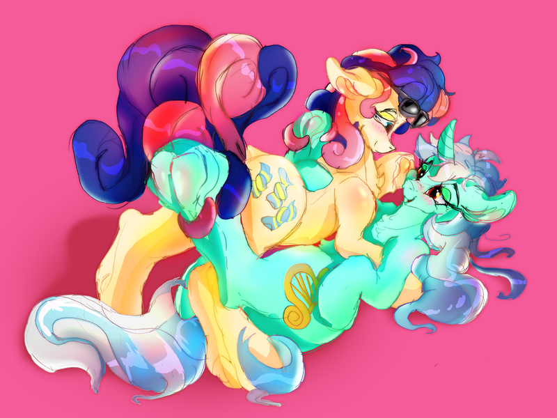 Size: 3200x2400 | Tagged: safe, artist:br0via, derpibooru import, bon bon, lyra heartstrings, sweetie drops, pony, female, image, lesbian, lyrabon, png, shipping