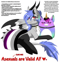 Size: 2903x3000 | Tagged: safe, artist:melodytheartpony, derpibooru import, oc, oc:melody silver, dracony, dragon, hybrid, asexual, asexual pride flag, barbs, bat wings, beauty mark, blushing, choker, collar, definition, eyes closed, facts, fangs, feathered wings, female, feral, happy, heart, horns, image, looking at you, lying down, piercing, png, pride, pride flag, pride month, sexual orentation, signature, simple background, smiling, spiked choker, spread wings, squishmallow, unicorn plush, white background, wings