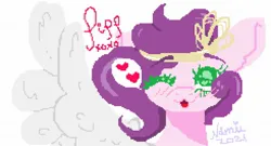 Size: 1960x1056 | Tagged: safe, artist:namiiarts, derpibooru import, pipp petals, pegasus, pony, g5, bust, crown, heart, image, jewelry, jpeg, one eye closed, pixel art, regalia, simple background, solo, text, white background, wink