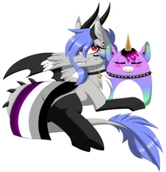 Size: 2903x3000 | Tagged: safe, alternate version, artist:melodytheartpony, derpibooru import, oc, oc:melody silver, dracony, dragon, hybrid, asexual, asexual pride flag, barbs, bat wings, beauty mark, blushing, choker, collar, eyes closed, fangs, feathered wings, female, feral, happy, heart, horns, image, looking at you, lying down, piercing, png, pride, pride flag, pride month, sexual orentation, signature, simple background, smiling, spiked choker, spread wings, squishmallow, unicorn plush, white background, wings