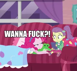 Size: 1180x1079 | Tagged: suggestive, derpibooru import, edit, edited screencap, screencap, lily pad (equestria girls), pinkie pie, equestria girls, bedroom eyes, caption, cropped, image, image macro, implied lolicon, implied sex, implied underage, jpeg, lily pad (g4), text, vulgar