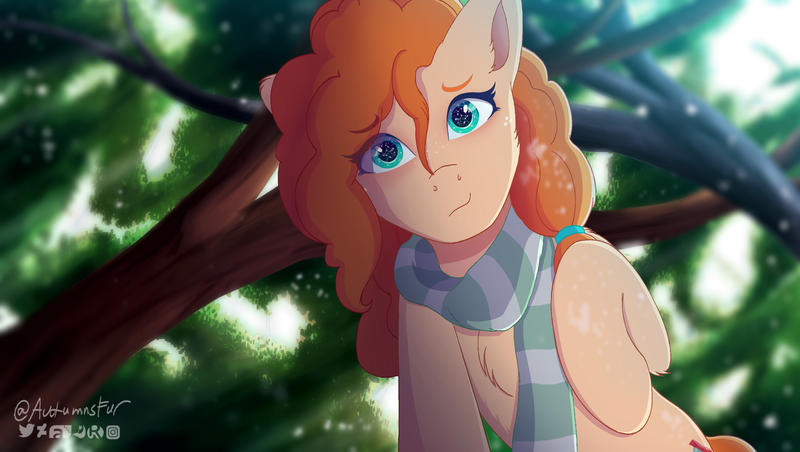 Size: 3141x1774 | Tagged: safe, artist:autumnsfur, derpibooru import, pear butter, ponified, earth pony, pony, the perfect pear, adorasexy, attack on titan, blue eyes, blushing, bright, clothes, crossover, cute, daytime, female, freckles, g4, image, interpretation, logo, looking at you, mare, offscreen character, on top, orange hair, orange mane, orange tail, parody, pearabetes, png, pov, raised hoof, redraw, scarf, scene interpretation, scene parody, sexy, signature, smiling, smiling at you, tail, tree, turquoise eyes, under the tree, wholesome