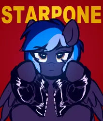 Size: 2300x2696 | Tagged: safe, artist:stablegrass, derpibooru import, oc, oc:kepler, pegasus, pony, album cover, clothes, image, jacket, leather, leather jacket, looking at camera, looking at you, male, png, redraw, sitting, stallion, text, the weeknd