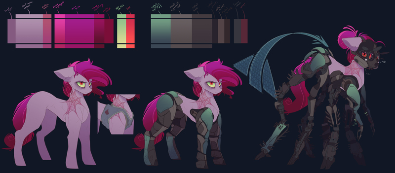 Size: 9208x4045 | Tagged: safe, artist:ignis, derpibooru import, oc, oc:frost bloom, unofficial characters only, cyber pony, cyborg, earth pony, monster pony, original species, pony, spider, spiderpony, blue background, cyberpunk, earth pony oc, gas mask, image, jpeg, mask, reference sheet, robotic legs, simple background, solo, tattoo