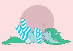 Size: 2048x1423 | Tagged: safe, artist:mscolorsplash, derpibooru import, oc, unofficial characters only, pony, unicorn, clothes, commission, eyebrows, eyebrows visible through hair, female, image, jpeg, lying down, mare, on back, onomatopoeia, pink background, simple background, sleeping, socks, solo, sound effects, striped socks, zzz