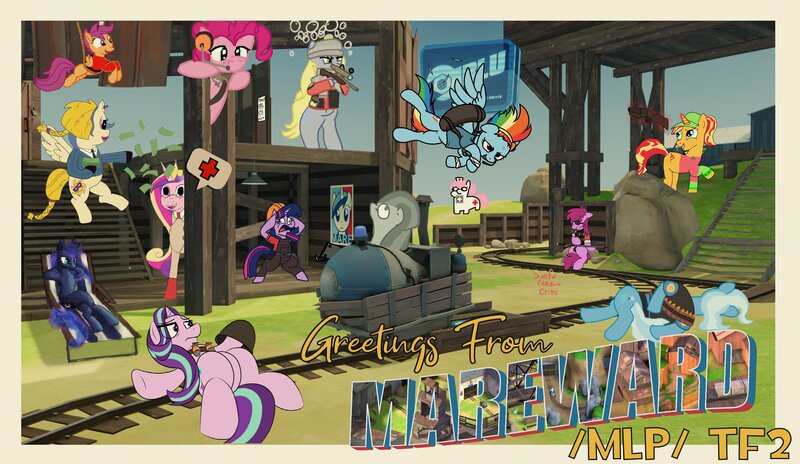 Size: 4074x2363 | Tagged: safe, artist:anonymous, derpibooru import, berry punch, berryshine, derpy hooves, marble pie, minuette, nurse redheart, pinkie pie, princess cadance, princess luna, rainbow dash, scootaloo, starlight glimmer, sunset shimmer, trixie, twilight sparkle, alicorn, earth pony, pegasus, pony, unicorn, /mlp/ tf2 general, bag, bubble, bullet, cart, chair, clothes, collaboration, demoknight, demoman, duffle bag, engineer, eyepatch, family guy death pose, grenade, gun, hat, headset, heavy weapons guy, image, jpeg, lying down, magic, mareward, medic, money, payload, postcard, reclining, rifle, rope, scattergun, scout, scunt, sniper, sniper rifle, soldier, spy, suit, sword, team fortress 2, telekinesis, text, weapon