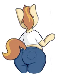 Size: 730x917 | Tagged: suggestive, artist:andelai, derpibooru import, oc, unofficial characters only, semi-anthro, butt, clothes, female, image, jpeg, standing, tail