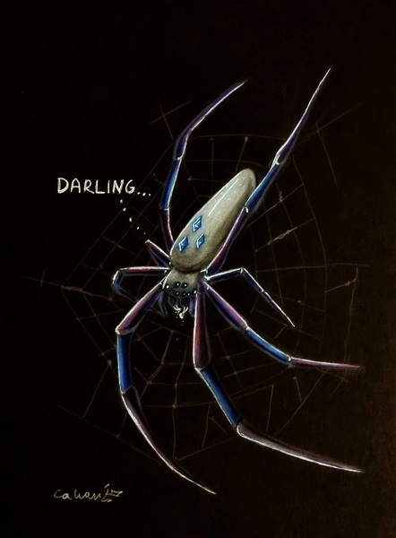 Size: 1681x2283 | Tagged: safe, artist:cahandariella, derpibooru import, rarity, spider, black background, colored pencil drawing, image, jpeg, newbie artist training grounds, rarirachnid, realistic, simple background, solo, species swap, traditional art, transformation, venom