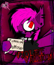 Size: 1226x1478 | Tagged: safe, artist:xxv4mp_g4z3rxx, derpibooru import, oc, oc:violet valium, bat pony, pony, bat pony oc, bat wings, collar, emo, eyeliner, hospital band, image, makeup, nonbinary, png, red eyes, smiling, solo, spacehey, spiked collar, wings