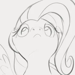 Size: 922x925 | Tagged: safe, artist:dotkwa, derpibooru import, fluttershy, pegasus, pony, female, gray background, grayscale, image, looking at you, looking down, looking down at you, low angle, mare, monochrome, png, simple background, solo