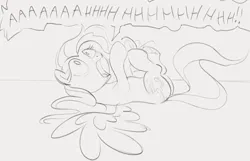 Size: 1721x1111 | Tagged: safe, artist:dotkwa, derpibooru import, fluttershy, pegasus, pony, butt, female, flutterbutt, frog (hoof), gray background, grayscale, image, lying down, mare, monochrome, on back, open mouth, plot, png, screaming, simple background, sketch, solo, spread wings, underhoof, wings