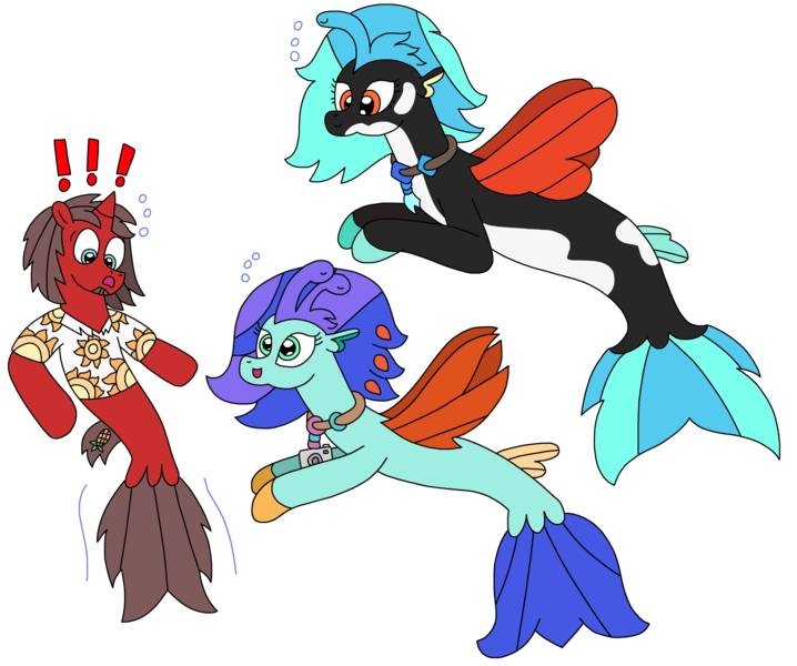 Size: 2696x2252 | Tagged: safe, artist:supahdonarudo, derpibooru import, oc, oc:icebeak, oc:ironyoshi, oc:sea lilly, unofficial characters only, seapony (g4), atg 2023, bubble, camera, clothes, exclamation point, image, jewelry, necklace, newbie artist training grounds, png, seaponified, shirt, simple background, species swap, surprised, transparent background