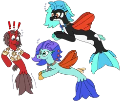 Size: 2696x2252 | Tagged: safe, artist:supahdonarudo, derpibooru import, oc, oc:icebeak, oc:ironyoshi, oc:sea lilly, unofficial characters only, seapony (g4), atg 2023, bubble, camera, clothes, exclamation point, image, jewelry, necklace, newbie artist training grounds, png, seaponified, shirt, simple background, species swap, surprised, transparent background