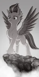 Size: 1020x2000 | Tagged: safe, artist:zetamad, derpibooru import, zipp storm, pegasus, pony, g5, atg 2023, colored wings, eyebrows, female, fluffy, frown, gradient background, grayscale, image, mare, monochrome, multicolored wings, newbie artist training grounds, png, simple background, solo, spread wings, wings