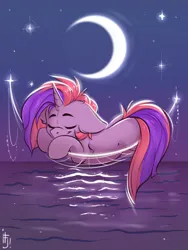 Size: 1200x1600 | Tagged: safe, artist:falafeljake, derpibooru import, oc, unofficial characters only, pony, unicorn, commission, crescent moon, cute, eyebrows, eyes closed, horn, image, moon, ocbetes, png, signature, sleeping, solo, stars, unicorn oc