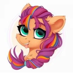 Size: 1500x1500 | Tagged: safe, artist:vird-gi, derpibooru import, sunny starscout, earth pony, pony, g5, bust, chest fluff, image, jpeg, looking at you, open mouth, open smile, smiling, solo, tongue out