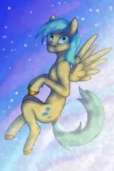Size: 2000x3000 | Tagged: safe, artist:drawingkitty24, derpibooru import, sunshower raindrops, pegasus, pony, background pony, big eyes, cloud, detailed background, detailed hair, feathered wings, female, flying, hooves, image, mare, png, shading, shiny hoof, solo, spread wings, stars, wings
