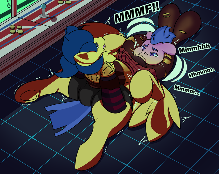 Size: 4370x3476 | Tagged: questionable, artist:einboph, derpibooru import, oc, oc:soft step, unofficial characters only, earth pony, pegasus, pony, arcade, clothes, colored pupils, domination, duo, female, femdom, fishnets, goth, headscissors, high res, image, male, mare, pantyhose, png, shaking, socks, sports, spread wings, stallion, text, wingding eyes, wings, wrestling