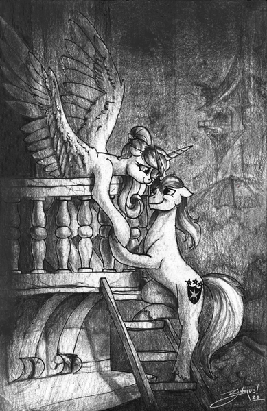 Size: 1593x2456 | Tagged: safe, artist:zubirus, derpibooru import, princess cadance, shining armor, alicorn, unicorn, balcony, black and white, female, grayscale, holding hooves, image, ladder, looking at each other, looking at someone, love, male, monochrome, newbie artist training grounds, night, png, romance, romantic, shiningcadance, shipping, straight, teen princess cadance, teen shining armor, traditional art