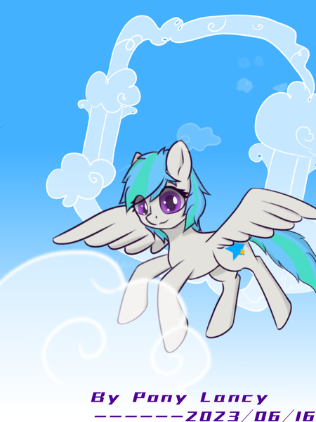 Size: 1600x2133 | Tagged: safe, artist:lancy, derpibooru import, oc, oc:lancy, unofficial characters only, pegasus, pony, cloud, colored pupils, eye clipping through hair, flying, image, multicolored hair, multicolored tail, png, signature, sky, spread wings, tail, wings