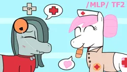 Size: 1246x712 | Tagged: safe, derpibooru import, marble pie, nurse redheart, earth pony, /mlp/ tf2 general, heart, hurt/comfort, image, life bar, medic, png, scout, simple background, team fortress 2