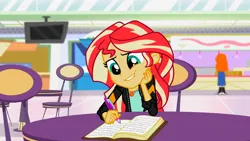 Size: 3072x1727 | Tagged: safe, derpibooru import, screencap, golden hazel, sunset shimmer, human, equestria girls, mirror magic, spoiler:eqg specials, book, canterlot mall, clothes, female, geode of empathy, grin, image, jacket, jewelry, jpeg, leather, leather jacket, magical geodes, necklace, smiling, solo focus