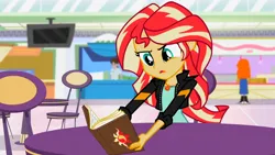 Size: 3072x1727 | Tagged: safe, derpibooru import, screencap, golden hazel, sunset shimmer, human, equestria girls, mirror magic, spoiler:eqg specials, book, canterlot mall, clothes, female, geode of empathy, image, jacket, jewelry, jpeg, leather, leather jacket, magical geodes, male, necklace, open mouth, solo focus