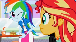 Size: 3072x1727 | Tagged: safe, derpibooru import, screencap, rainbow dash, sunset shimmer, human, equestria girls, mirror magic, spoiler:eqg specials, burger, canterlot mall, clothes, cutie mark, cutie mark on clothes, duo, duo female, female, food, frown, geode of empathy, geode of super speed, image, jacket, jewelry, jpeg, leather, leather jacket, magical geodes, necklace, one eye closed, smiling, wink