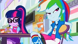 Size: 3072x1727 | Tagged: safe, derpibooru import, screencap, rainbow dash, sci-twi, twilight sparkle, human, equestria girls, mirror magic, spoiler:eqg specials, boots, burger, canterlot mall, clothes, cutie mark, cutie mark on clothes, duo, duo female, female, food, geode of super speed, geode of telekinesis, glasses, high heel boots, image, jewelry, jpeg, magical geodes, necklace, ponytail, shoes, smiling