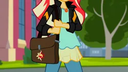 Size: 3072x1727 | Tagged: safe, derpibooru import, screencap, sunset shimmer, human, equestria girls, mirror magic, spoiler:eqg specials, canterlot, clothes, female, geode of empathy, image, jacket, jewelry, jpeg, leather, leather jacket, magical geodes, necklace, solo