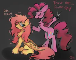Size: 2048x1620 | Tagged: safe, artist:petaltwinkle, derpibooru import, fluttershy, pinkie pie, earth pony, pegasus, pony, bipedal, dialogue, eyes closed, female, haircut, hoof hold, image, jpeg, magnetic hooves, mare, scissors, sitting