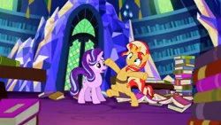 Size: 3072x1727 | Tagged: safe, derpibooru import, screencap, starlight glimmer, sunset shimmer, pony, unicorn, equestria girls, mirror magic, spoiler:eqg specials, bag, bipedal, book, duo, duo female, female, frown, image, jpeg, mare, open mouth, saddle bag, twilight's castle