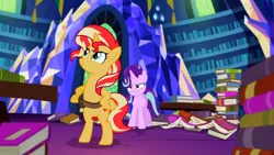 Size: 3072x1727 | Tagged: safe, derpibooru import, screencap, starlight glimmer, sunset shimmer, pony, unicorn, equestria girls, mirror magic, spoiler:eqg specials, bag, bipedal, book, duo, duo female, female, frown, image, jpeg, mare, saddle bag, smiling, twilight's castle