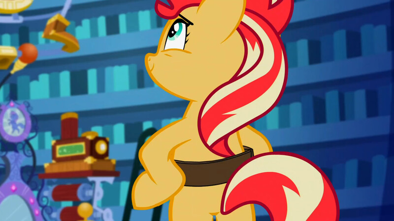 Size: 3072x1727 | Tagged: safe, derpibooru import, screencap, sunset shimmer, pony, unicorn, equestria girls, mirror magic, spoiler:eqg specials, bag, bipedal, female, image, jpeg, mare, saddle bag, smiling, solo, twilight's castle