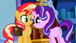 Size: 3072x1727 | Tagged: safe, derpibooru import, screencap, starlight glimmer, sunset shimmer, pony, unicorn, equestria girls, mirror magic, spoiler:eqg specials, bag, cute, duo, duo female, female, frown, glimmerbetes, image, jpeg, mare, portal, saddle bag, smiling, twilight's castle, wingding eyes