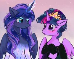 Size: 2048x1620 | Tagged: safe, artist:petaltwinkle, derpibooru import, princess luna, twilight sparkle, twilight sparkle (alicorn), alicorn, pony, alternate hairstyle, blushing, crown, duo, female, frozen (movie), frozen 2, glow, glowing horn, gradient background, horn, image, jewelry, jpeg, looking at each other, looking at someone, mare, regalia