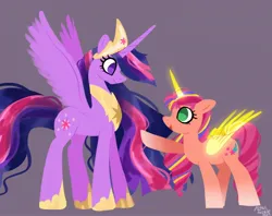 Size: 2048x1620 | Tagged: safe, artist:petaltwinkle, derpibooru import, princess twilight 2.0, sunny starscout, twilight sparkle, twilight sparkle (alicorn), alicorn, pony, g5, my little pony: a new generation, the last problem, duo, female, frown, height difference, image, jpeg, looking at each other, looking at someone, mare, older, older twilight, open mouth, open smile, pointing, purple background, race swap, simple background, smiling, spread wings, sunny and her heroine, sunnycorn, wings