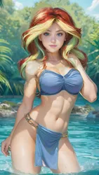 Size: 864x1536 | Tagged: suggestive, derpibooru import, editor:sammykun, machine learning assisted, machine learning generated, stable diffusion, sunset shimmer, tropical dream, human, ai content, atlantis: the lost empire, belly button, blurry background, breasts, clothes, cosplay, costume, crossover, humanized, image, jungle, kidagakash cosplay, legs in the water, lips, loincloth, looking at you, midriff, partially submerged, plants, png, prompter:sammykun, realistic, reasonably sized breasts, sexy, smiling, strapless, tropical, tube top, water, wide hips