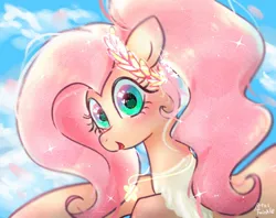 Size: 1024x810 | Tagged: safe, artist:petaltwinkle, derpibooru import, fluttershy, pegasus, pony, alternate hairstyle, bust, clothes, dress, female, image, jewelry, jpeg, laurel, looking at you, mare, necklace, open mouth, open smile, signature, smiling, smiling at you, solo