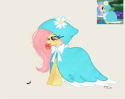 Size: 2048x1620 | Tagged: safe, artist:petaltwinkle, derpibooru import, fluttershy, ant, insect, pegasus, pony, apple, beige background, blushing, cloak, clothes, cute, female, food, image, jpeg, looking down, mare, mouth hold, screencap reference, shyabetes, signature, simple background, solo