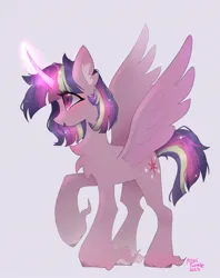 Size: 1620x2048 | Tagged: safe, artist:petaltwinkle, derpibooru import, twilight sparkle, twilight sparkle (alicorn), alicorn, pony, chest fluff, female, hoof fluff, image, jpeg, long feather, mare, open mouth, open smile, purple background, signature, simple background, smiling, solo, spread wings, wings