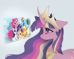 Size: 2048x1620 | Tagged: safe, artist:petaltwinkle, derpibooru import, applejack, fluttershy, pinkie pie, princess twilight 2.0, rainbow dash, rarity, twilight sparkle, twilight sparkle (alicorn), alicorn, earth pony, pegasus, pony, unicorn, the last problem, blue background, crying, female, floppy ears, image, immortality blues, jpeg, mane six, mane six opening poses, mare, older, older twilight, simple background, smiling, solo, wingding eyes