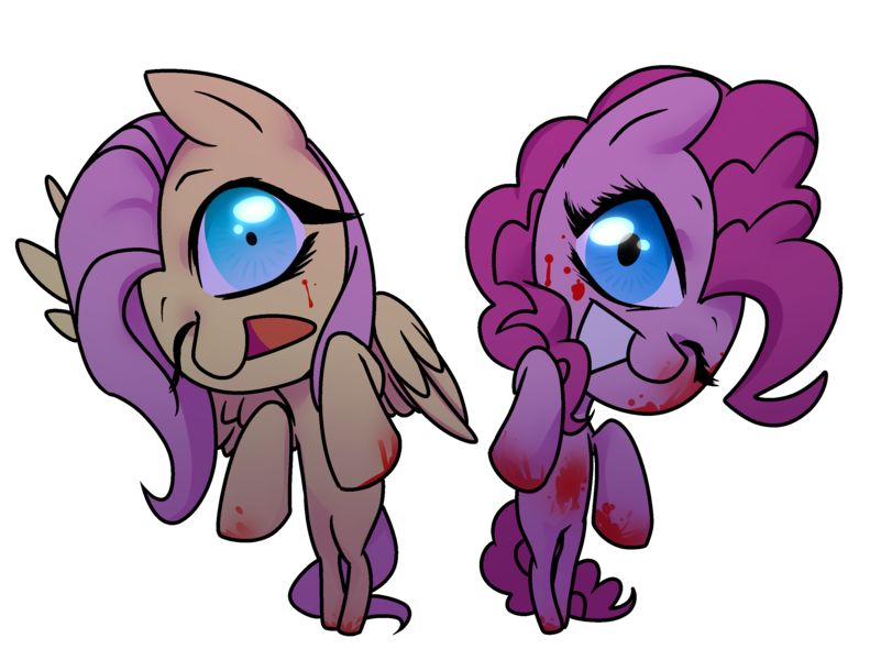 Size: 2780x2108 | Tagged: semi-grimdark, artist:sogwoggy, derpibooru import, fluttershy, pinkie pie, earth pony, pegasus, pony, blood, duo, grimcute, image, one eye closed, perspective, png, shrunken pupils, simple background, transparent background