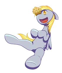 Size: 1332x1581 | Tagged: safe, artist:senseijiufu, derpibooru import, derpy hooves, pegasus, pony, balancing, food, image, muffin, open mouth, open smile, png, ponies balancing stuff on their nose, simple background, smiling, solo, transparent background