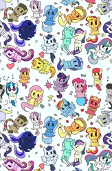 Size: 1300x2000 | Tagged: safe, artist:senseijiufu, derpibooru import, apple bloom, applejack, big macintosh, bon bon, derpy hooves, doctor whooves, fluttershy, lyra heartstrings, minuette, octavia melody, pinkie pie, princess cadance, princess celestia, princess luna, rainbow dash, rarity, scootaloo, soarin', spitfire, sunset shimmer, sweetie belle, sweetie drops, time turner, trixie, twilight sparkle, twilight sparkle (alicorn), vinyl scratch, alicorn, butterfly, earth pony, insect, pegasus, pony, unicorn, apple, chibi, clothes, cute, female, food, heart, image, jpeg, lesbian, lyrabon, missing accessory, pattern, repeating pattern, scarf, shipping